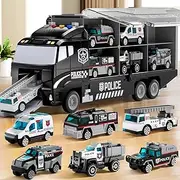 NIPLOOOW Toddler Boys Toys for 3 4 5 6 7 8+ Years Old, Police Truck Vehicle Toy Set with Play Mat, Die-Cast Toy Car Carrier Truck for Kids, Birthday Gift Ideas