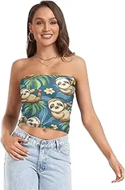 [RPLIFE] Cute Cartoon Sloth Blue Crop Tube Top Women Strapless Top, Sheer Tube Tops, Sexy Tube Tops (S)