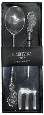 NEW Peltrina Design Ocean Seahorse Salad Utensils Serving Set - Spoon - Fork