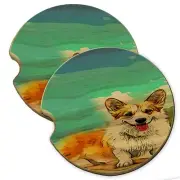 Adorable Welsh Corgi Puppy Wood Car Coaster Gift Set fit Car & Truck Cup Holder