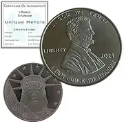 2021 1 Ounce OZ .999 Fine Solid USA Lincoln Titanium Coin Titanium Precious Metal Ingot Bullion Ti Element Chemistry Proof Mint Coin by Unique Metals