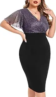 [ZOMVA] Plus Size Sparkly Bodycon Dress Ruffle Sleeve V Neck Wrap Midi Dresses Wedding Guest Business Work Cocktail Party