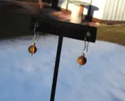 .925 Sterling Silver Dangle Drop Tigers Eye Earrings with Hook Backs 1" drop