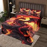 Western Dragon Bedspread King Size,Dragon Flame Mountain Natural Rustic Coverlet Set,Boys Girls Men Room Decor,Western Animal Trippy Retro Quilted Coverlet,Red Black Bedding Quilt,2 Pillowcases
