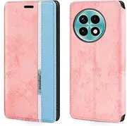 Colorblock Invisible Magnetic PU Leather Flip Case Compatible with Oneplus Ace 2 Pro 5G, Stylish Wallet Cover with Full Protection and Slim Design (Pink)