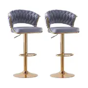 SERENITà Grey Velvet Padded Golden Round Base Barstools Chairs x 2