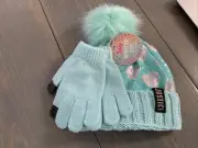 Justice NWT Girls Beanie Hat Gloves Set Aqua Sequin with Hearts Pom Pom E-14