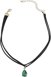 [Generic] Layered Choker Necklace Pendant Choker Green Teardrop Black Collar Short Cord Jewelry for Women