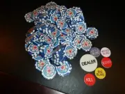 200 Blue Royal Flush Spread Fan 11.5 gram Poker Chips + Dealer Button Set