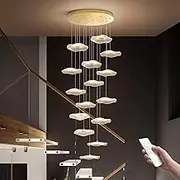 Modern Gold Stair Chandelier with Remote & Highest 400cm Adjustable Height - Stainless Steel Base,Dimmable Acrylic Lotus LED Ceiling Light for Villa,StaiRemotease,Entryway(15 Lights 112W, Gold)