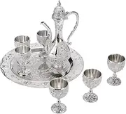 Vintage Turkish Coffee Pot Set, Sliver Turkish Tea Set with 6 Coffee Cups, Wine Decanter and Glasses Set, Turkish Copper Coffee Cup Set for Home Tea Party