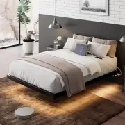 Twin Size Floating Bed Frame with Led Lights and Charging Station, Metal Bed