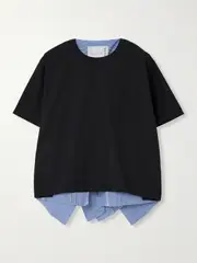 [Sacai] Sacai - Cotton-blend Poplin-paneled Jersey Top - Navy - 1 1 Blue