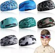 [Telooco] 8Pcs Boys Headbands for Sports Elastic Kids Sweatbands Breathable Soccer Headbands for Boys Youth Sweat Absorbing Hairband Camouflage Style