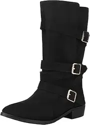 [Vrupons] Women's Casual Slip-on Mid Calf Boots with Flat Heels and Strap Bukles