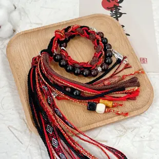 寮國紅酸枝木藏式手繩新中式手鍊編織手串木質紅繩