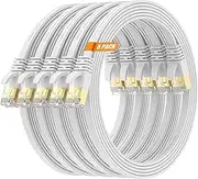 Cat7 10FT-5Pack Ethernet Cable Flat-White-10Gbps High Speed Ultra Slim Double Shielded with Gold-Plated RJ45 Ground Wire & Cable-Tie for PS5/4,Xbox,TV,Router,PC,NAS,Modem