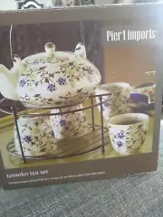 Pier 1 Imports Tomoko Tea Set Floral Teapot w/4 Cups & Metal Stand