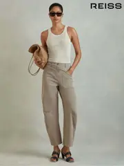 Reiss Olive Nova Cotton Blend Barrel Leg Trousers (N97229) | $280