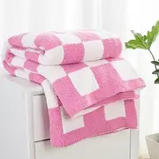 Carriediosa Ultra Soft Checkered Throw Blanket 50" X 60", Microfiber Fuzzy Fluffy Checkerboard Cute Preppy Plaid Pattern Knitted Blankets Cozy Plush Fall Throws for Couch Bed, Hot Pink