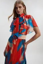 Georgette Tie Neck Blur Print Woven Midi Dress