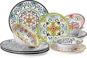 ZAROCRUS 12 pcs Talavera Melamine Dinnerware Set, Service for 4 Melamine Plates and Bowls Set, Unbreakable Dishes Dinnerware Set, Great for RVs, Camping, BPA Free and Dishwasher Safe