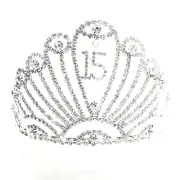 QUINCEANERA 15 FIFTHTEEN BIRTHDAY RHIESTONE TIARA CROWN W HAIR COMBS SILVER