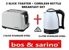 2 Slice Stainless Steel WHITE Bread Toaster 600W Wide Slots & 2L Cordless Kettle