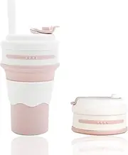 1Pcs Silicone Coffee Cup with Straw Lid Collapsible Cups for Traveling 350ml Lightweight Folding Travel Mug for Climbing Picnic Hicking Travel Outdoor Pink