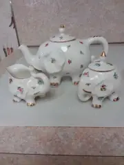 Grace's Teaware Elephant Shaped Floral Pattern Tea Pot, Sugar and Creamer Set
