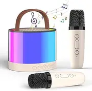 Portable Karaoke Machine with 2 Wireless Microphone, Mini Bluetooth Speaker for Adullts and Kids, Valentines Day Gifts Back to School Gifts (Beige)