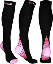 Physix Gear Compression Socks 20-30 mmHg - Men & Women - Running, Nurses, Shin Splints, Flight, Travel (BLACK/PINK-2XL)