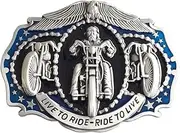 [JEAN'S FRIEND] Antique Brushed Silver Blue Enamel Rider Biker Metal Belt Buckle, Antique Silver