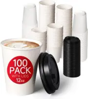 [100 Pack 12oz Paper Cups, Disposable Coffee Cups with Lids, To Go Coffee Cups w