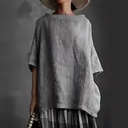 Women's Shirt Cotton Linen Shirts Cotton Linen Shirt Blouse Plain Casual Short Sleeve Crew Neck Regular Tops Daily Black White Gray Summer