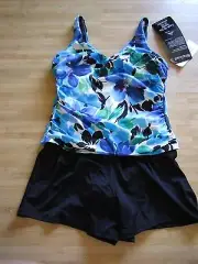 NEW NWT Miraclesuit 12 tummy control swimsuit swimdress Floral Blue Black