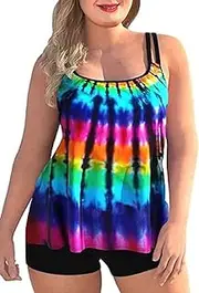 [Generic] Plus Size Swimsuit for Women with Swim Shorts Two Piece Bathing Suits Tankini Tie Dye Print Tank Tops Swimwear