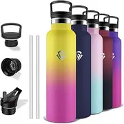 Grsta Stainless Steel Drinking Bottle, 1 Litre, Water Bottle with Straw, BPA-Free, Leak-Proof, Double Walled, Thermos Flask for Yoga, Camping, Hiking, Gym