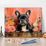 TISHIRON French Bulldog Paint by Numbers for Adults - Black Dog with Flowers, 40 x 50 cm Animal Portrait DIY Oil Painting Set for Home Gift (Without Frame)
