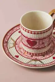 Anthropologie Bistro Tile Valentine Espresso Cup & Saucer Heart Bow Arrow NWT