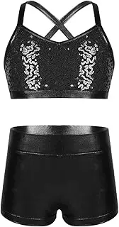 [Choomomo] Kids Girls Criss Cross Back Sequins Crop Top With Bottoms Set Tankini Ballet Gymnastic Exercise Outfits