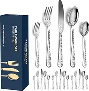 [XIAOYU] 20-Piece Flatware Set, Stainless Steel Silverware Cutlery Set for 4, Unique Pattern Design, Includes Dinner Knives/Forks/Spoons, Dishwasher Safe, Silver