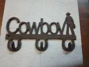 Vintage Iron Metal Rustic Cowboy Wall Mount Coat Cap Key holder Rack 3 Hooks