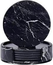 AIMALL 6X Coasters with Holder Marble Texture Round Cup Mat Pad Set for Drinks
