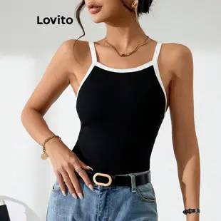 Lovito 女款休閒素色撞色綁帶細肩帶上衣 LNL35026 (黑色)