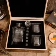 Engraved Curve Whiskey Decanter with 2 Scotch Glasses & 6 Ice Stones Set in Wood