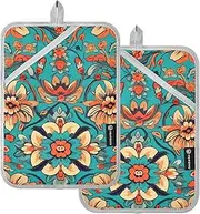 Pot Holders Heat Resistant Blue Orange Vintage Floral Potholders with Pockets Kitchen Hot Pads Sets Oven Mitts 2 Pack