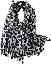 [Minkissy] Long Leopard Scarf Dual Use Cotton Shawl Grey Print for All Seasons Birthdays Weddings and Travel