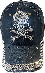 [Popfizzy] Skull Hat for Women, Bling Skeleton Hats, Rhinestone Skull Baseball Cap, Skull Caps for Women, Pirate Hat for Women