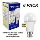 6 x 15W Dimmable LED Light Globes Bulbs Lamps Warm White B22 Bayonet - 1400Lm